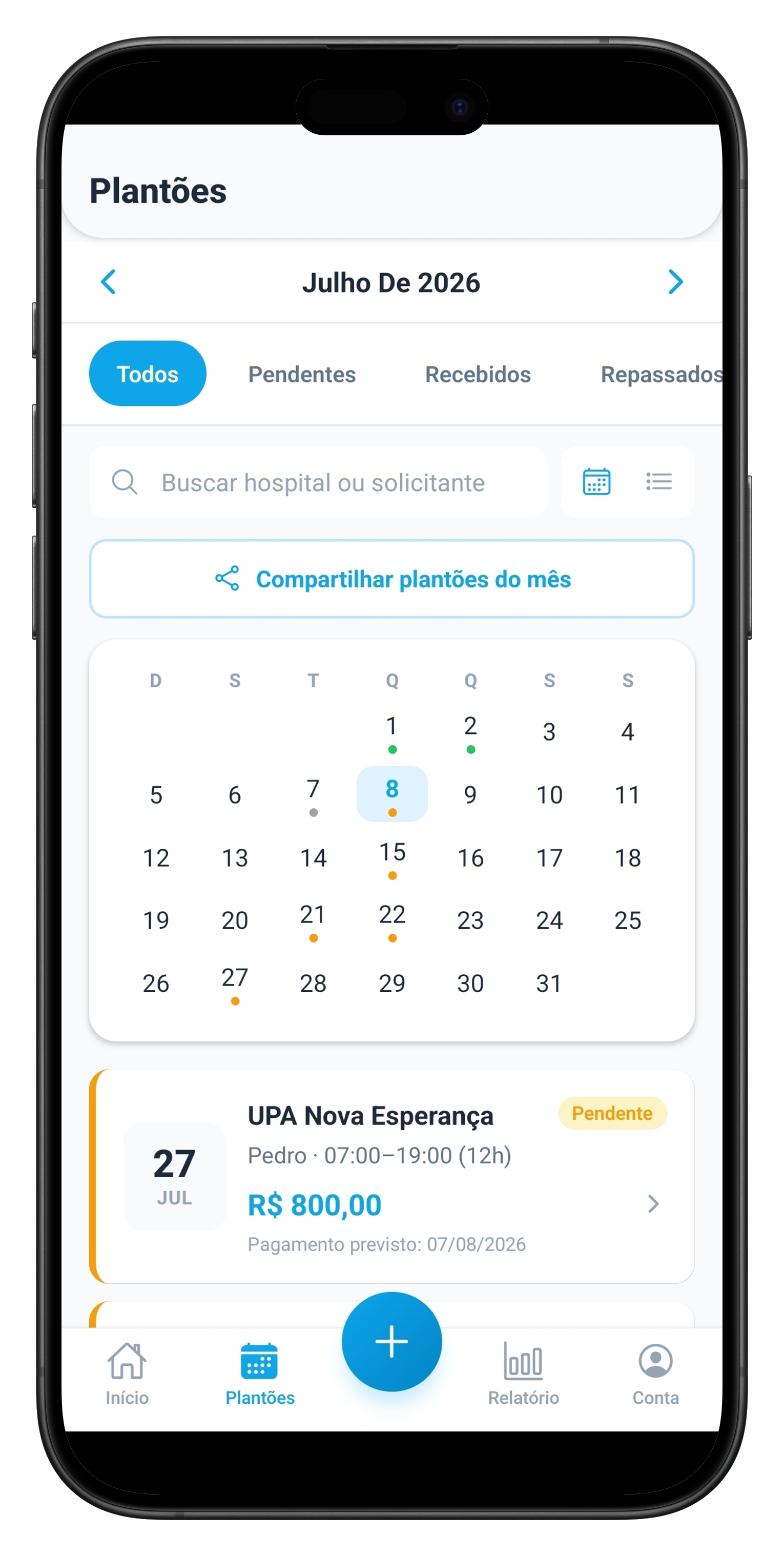 Tela de Plantões e calendário do Meu Plantão MED